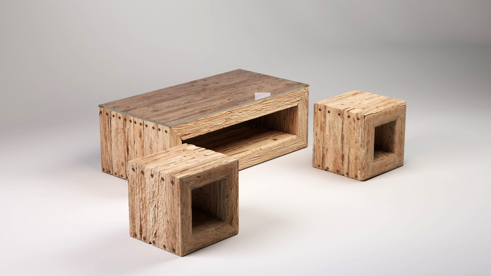 TRÄHUS to komplet drewnianych mebli do salonu, w którego skład wchodzą dwa taborety oraz stolik kawowy. Kolekcja Natur - nowoczesne stoliki kawowe i stoły.